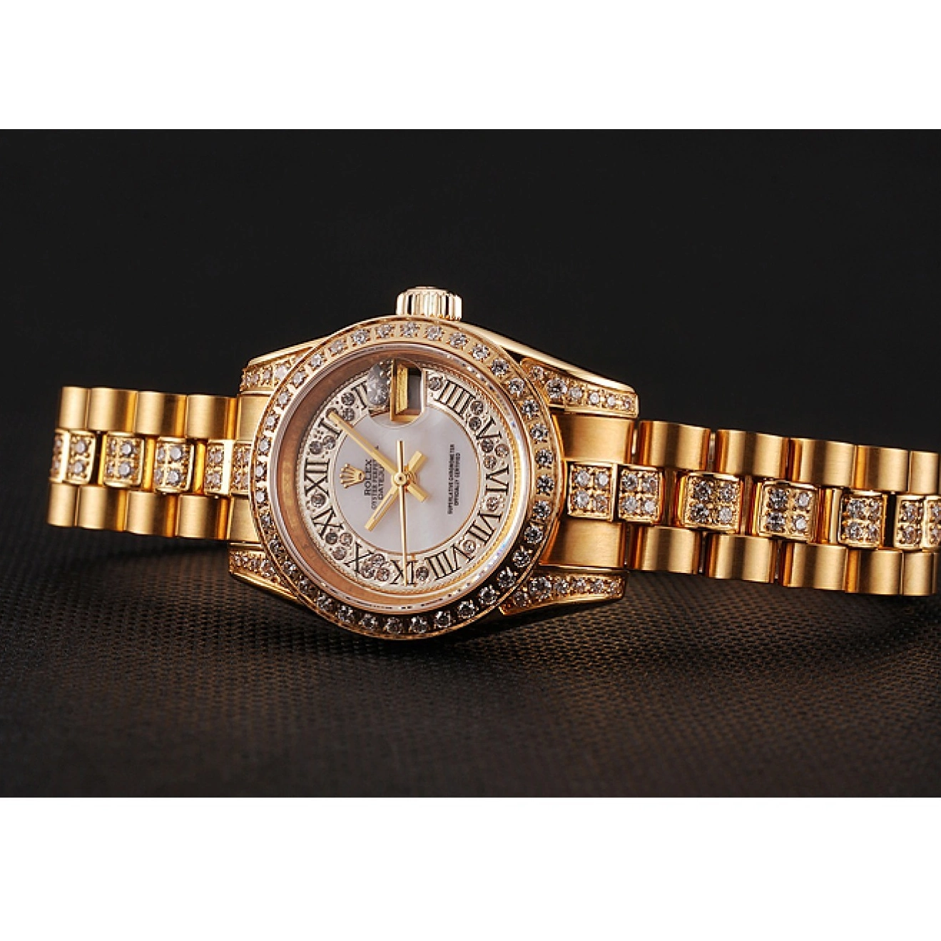 Rolex aaa copy Rolex 1453957 DayJust Swiss Bracelet Pave White Diamond Dial Gold Diamond 0721